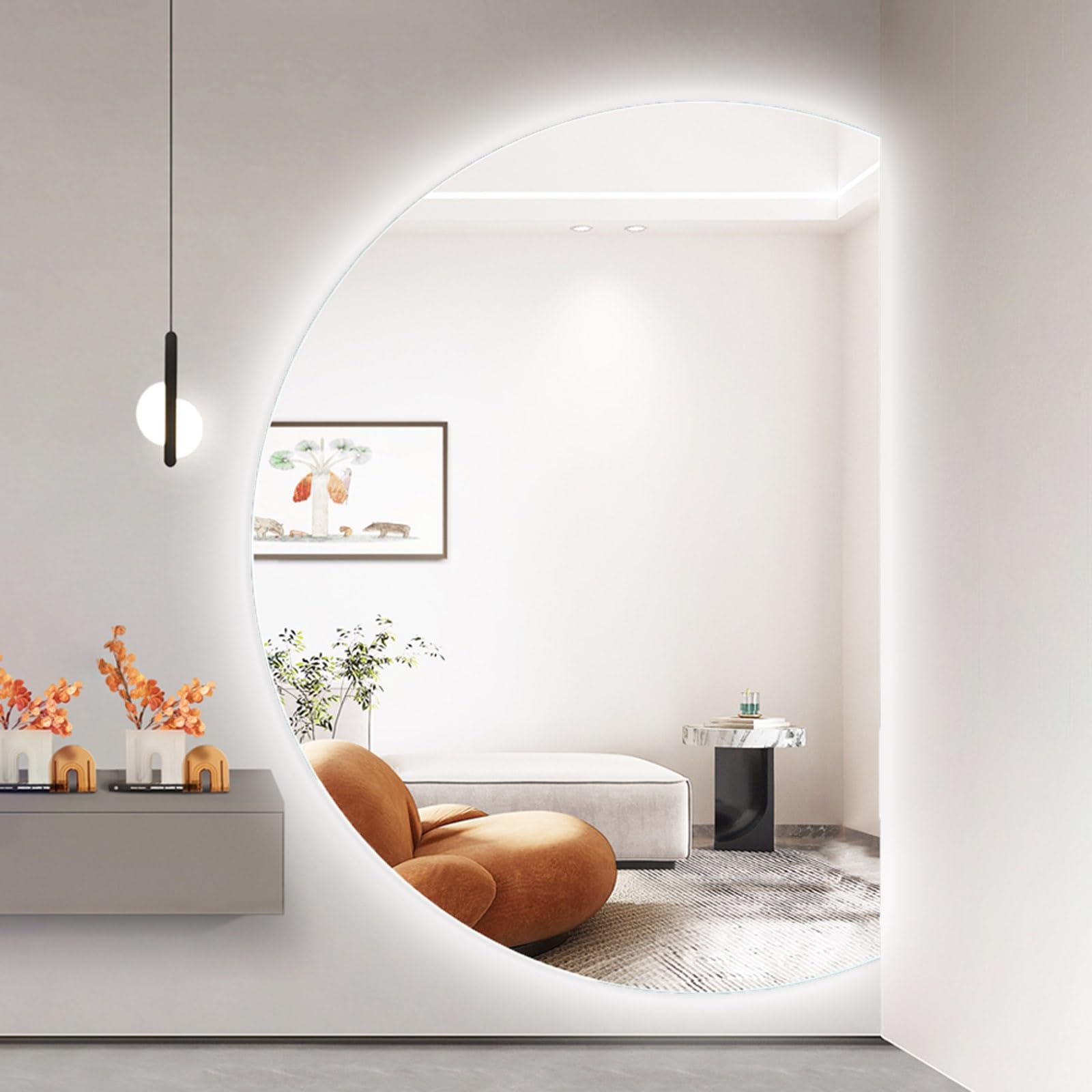 SXFSDOU Semicircle LED Bathroom Mirror 35x24 Inch Backlit 3 Color Lighted Anti-Fog Dimmable Wall Mounted Vanity with Touch Switch 43x28 Inch(Right Cut,120x80cm/47x32in)