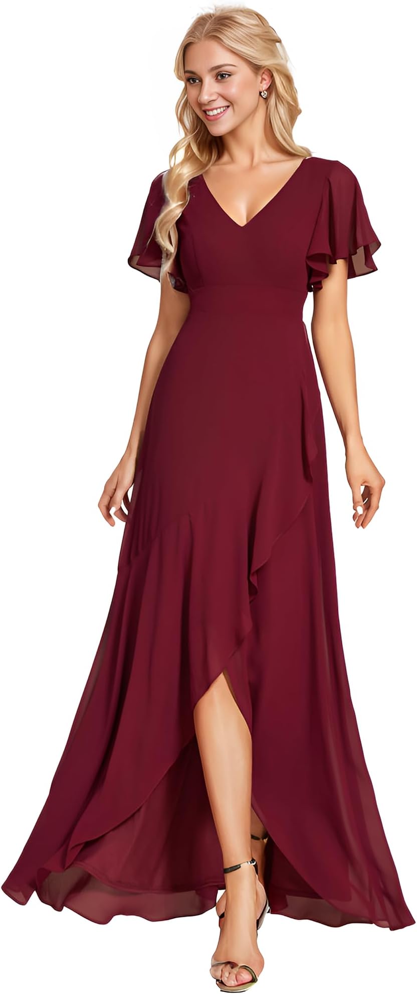 Women's Double V Neck A Line Ruffle Hem Backless High Low Chiffon Bridesmaid Dresses Vestidos Elegante 01749