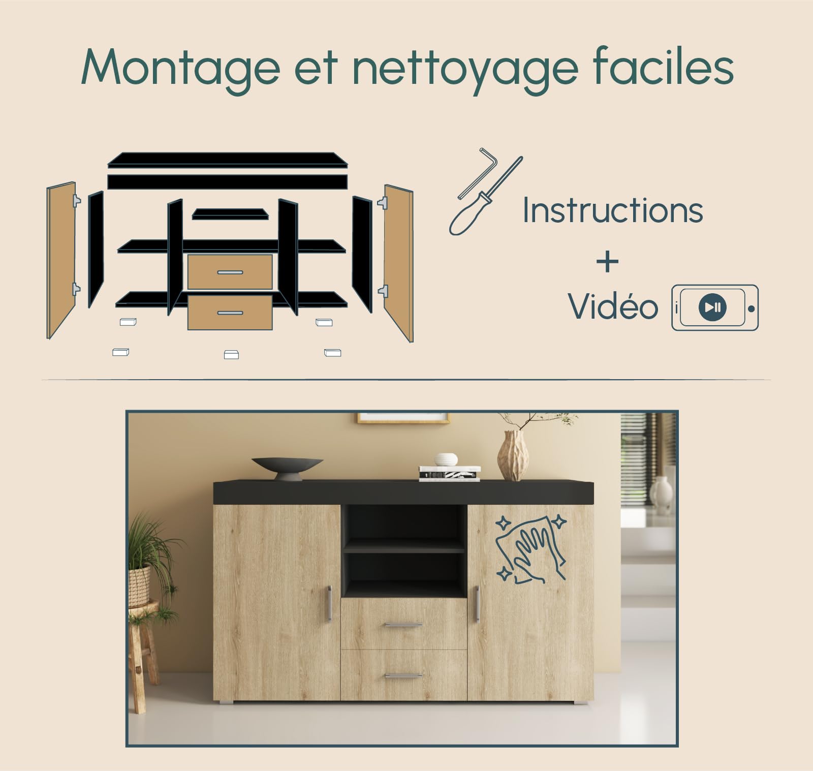 MB Muebles Bonitos | Buffet Roque pour Salon et Salle à Manger Moderne | Meuble TV en Mélamine | Couleur Noir Brillant et Sonoma Mat | 140x80x40 cm