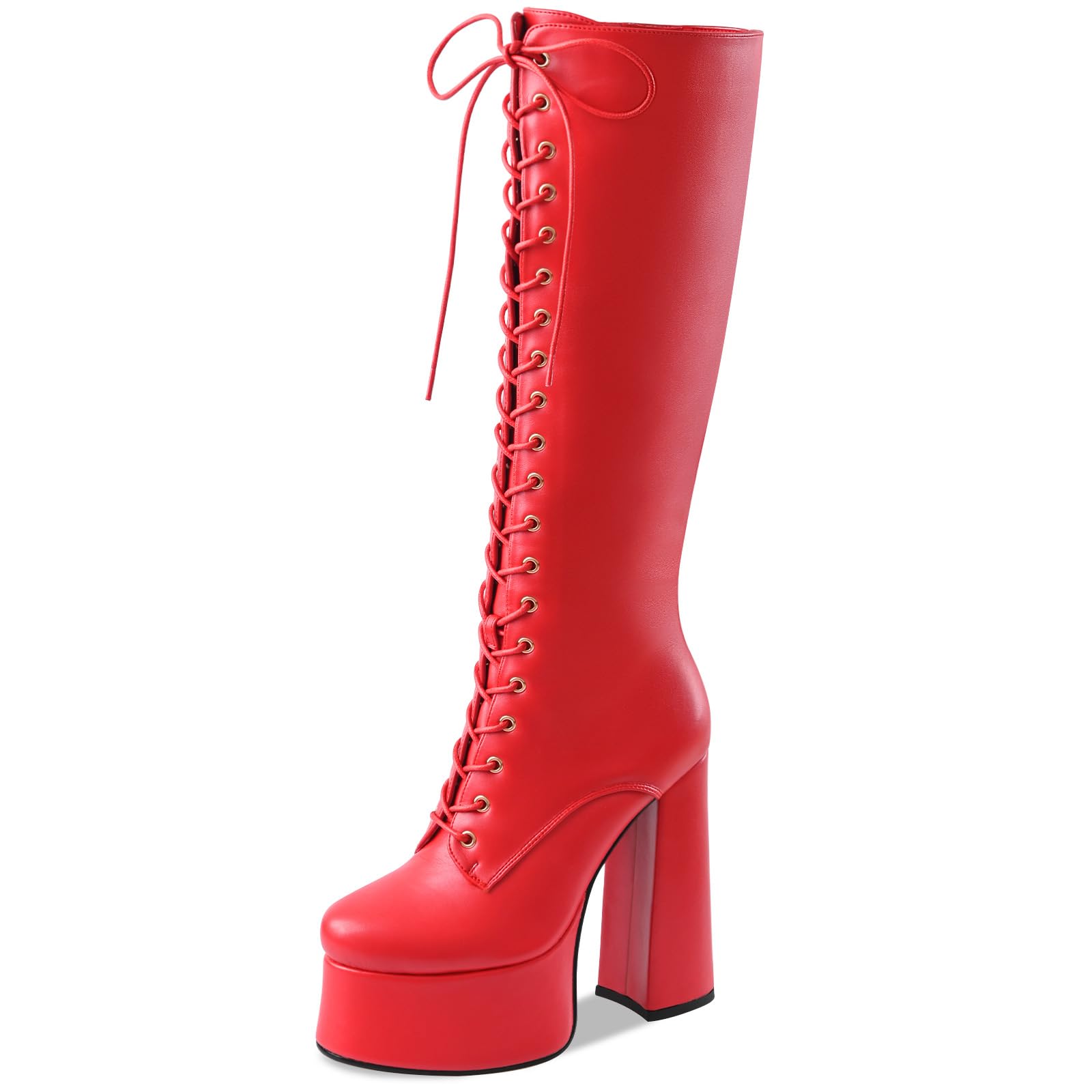 Women's High Chunky Heel Platform Knee High Boots Fashion Leather Lace Up Heeled Long Boots Wide Calf