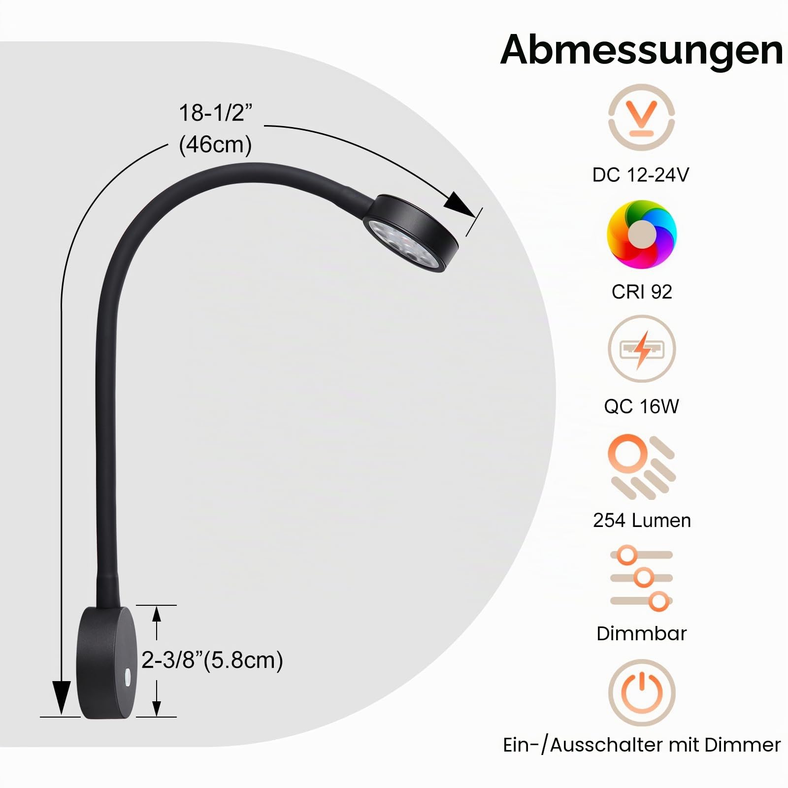LED Leselampe 12V Wohnmobil mit USB&Rotem Nachtlicht 254lumen 4000K Dimmbar Flexible Schwanenhals Wandlampe Bettseite DC 12V-24V Spot für Boot Wohnwagen Yacht Innenbeleuchtung