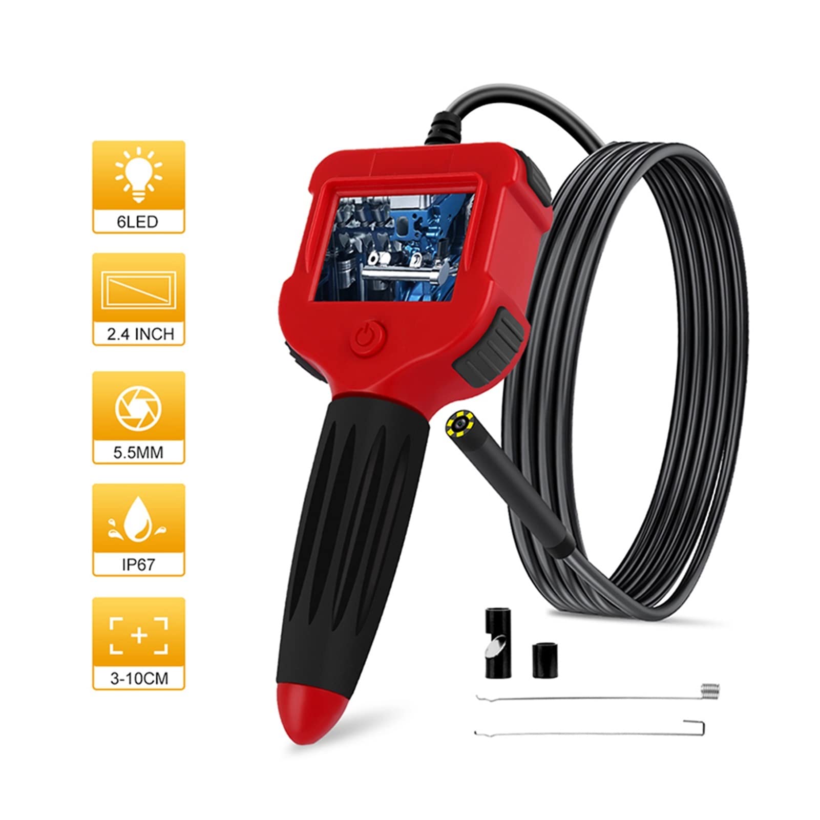Kamera endoskopowa, Ręczny LCD Kamera Endoskopowa Cyfrowa kamera inspekcyjna 2,4 cali Video BorScope 72 0p HD. Z 6. LED 5. Sonda 5mm(2m,Gold)