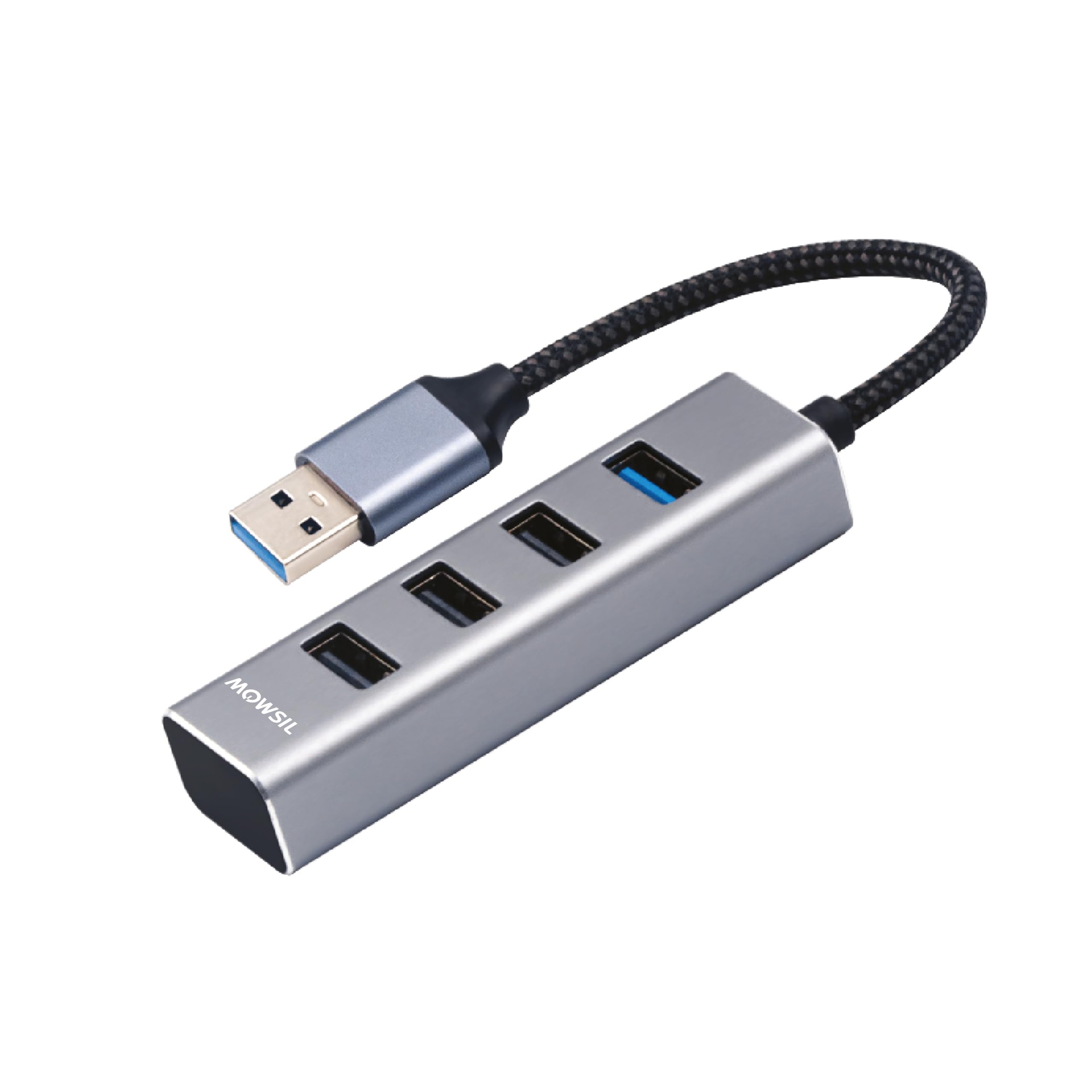 Mowsil 4-Port USB 3.0 Hub — 5 Gbps, Charging Port, Type-A Input with Detachable USB-C Adapter, 8 cm Aluminum Cable, Compatible with MacBook, iPad, Dell & HP