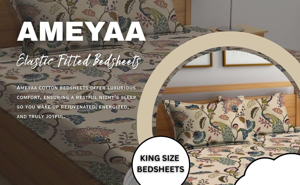 Image of 350 Tc Cotton Feel Glace Cotton All Around Elastic Floral Fitted Bedsheets Queen Size|Premium Super Soft Fitted Bedsheet Queen Size For Double Bed|Fits Up To 8 To 10 Inches,60 X 78,(Beige)