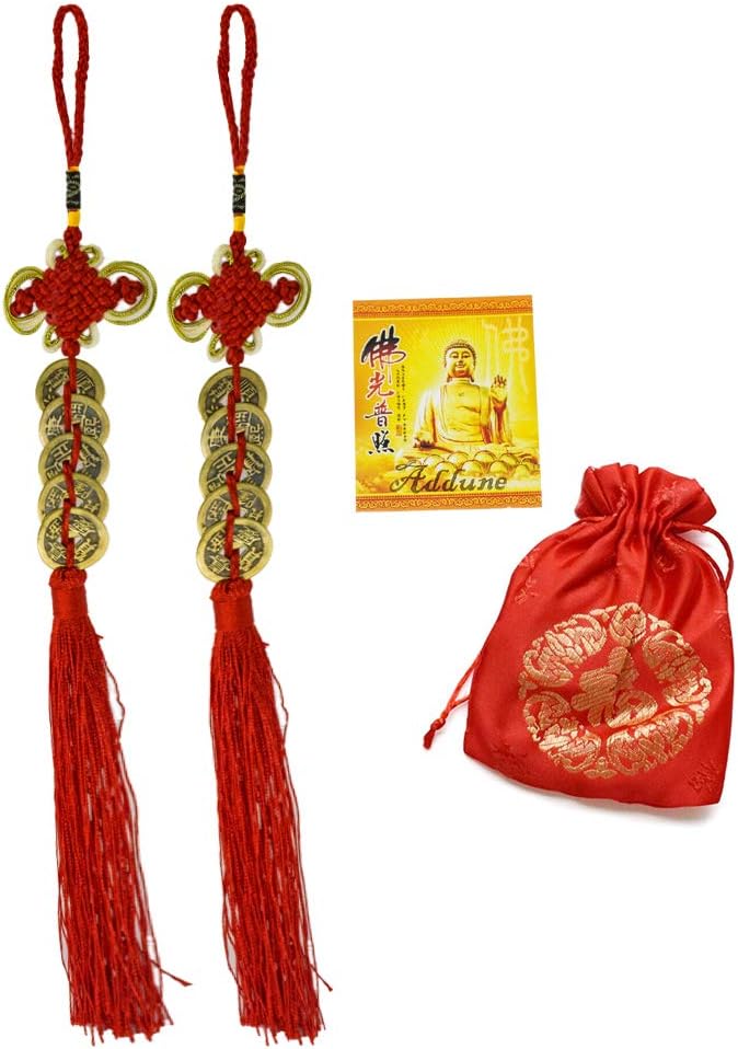 2Pcs Feng Shui Coins with Chinese Knot Handmade Lucky Ching Ancient Coins Five Emperors Antique Fortune Money Coins for Wealth and Success Home Decor (Style A)