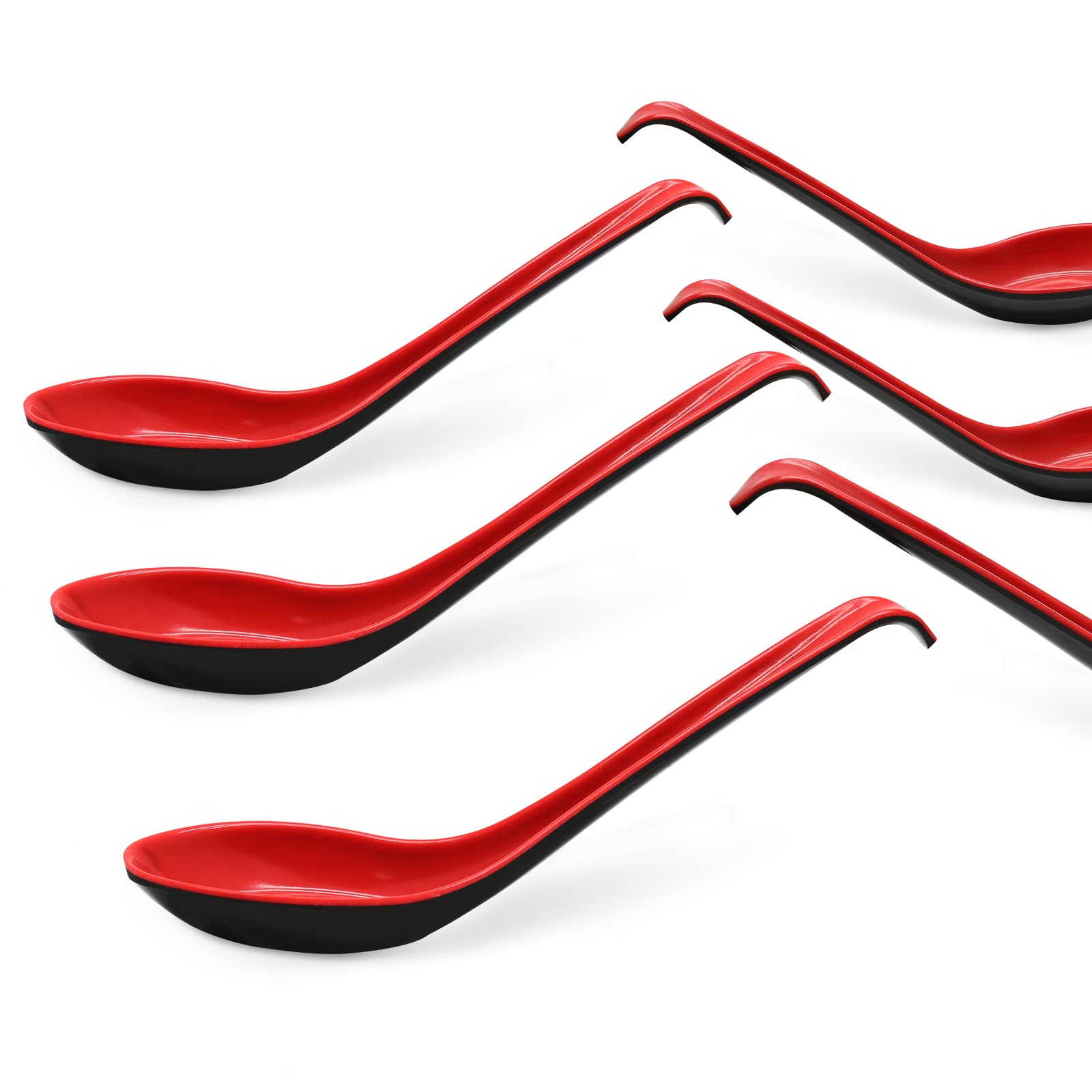 Cionyce8PCS Wonton Soup Spoons, Chinese Japanese Miso Ramen Dumpling Pho Rice Noodle Soba Soup Spoons, Red and Black Melamine Spoons