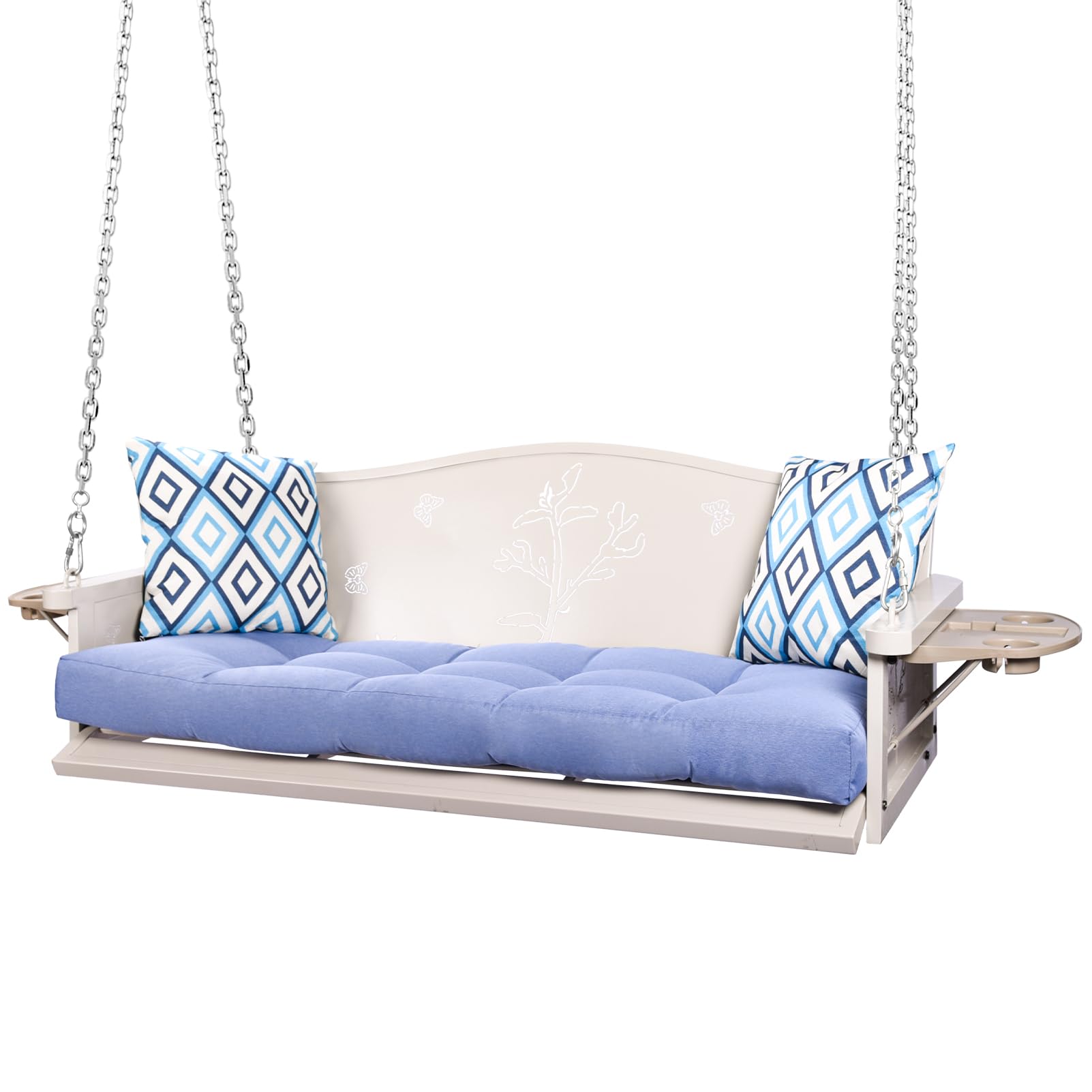 3-Seat Metal Porch Swing 900 LBS Heavy Duty Hanging Bench with Upgraded Tray &amp; Cushions Rust-Resistant Finish Swing Chair with 8.9FT Chains for Patio Lawn Garden