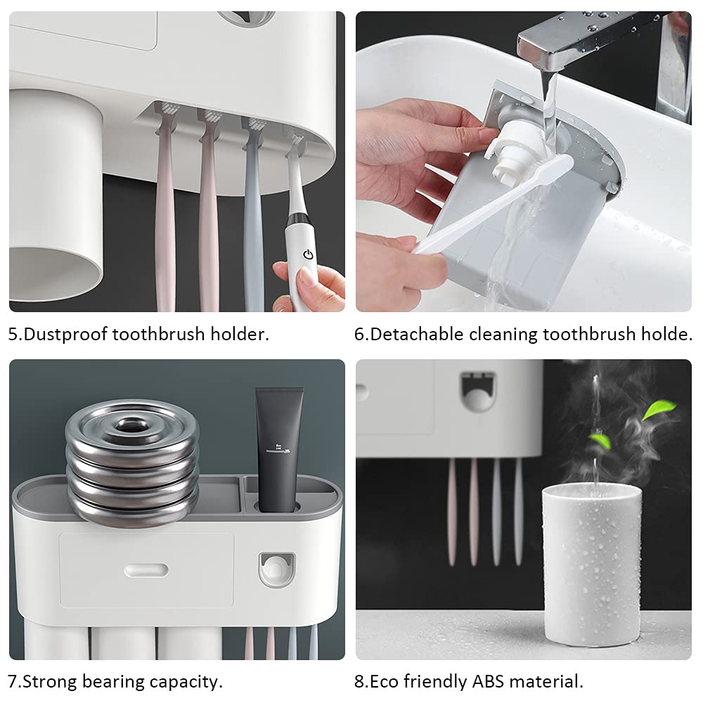 RanDal Porta Spazzolini E Dispenser Dentifricio Automatico – Set Organizer Bagno Antipolvere, Grigio
