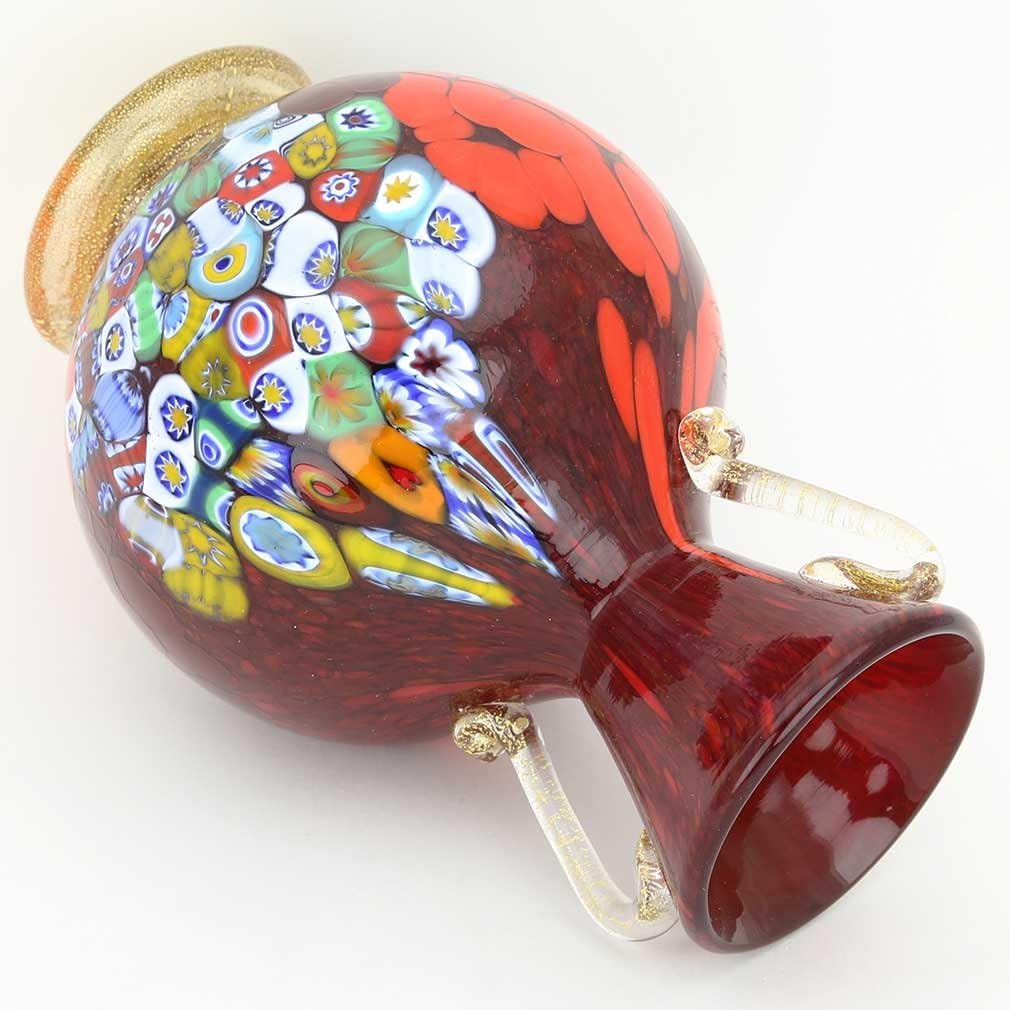 Glass Of Venice Murano Glass Millefiori Vase with Golden Handles - Red