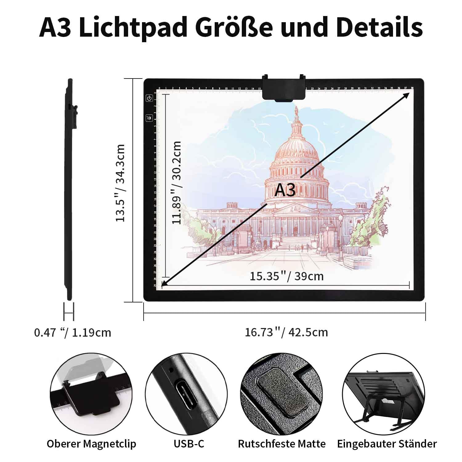 Zocelight A3 Leuchttisch mit Tasche für Diamantmalerei,Leuchtkasten mit Ständer und Clip,3 Farben, stufenlos dimmbar und 6 Helligkeitsstufen, Lichtplatte für Zeichnen, Skizzieren, Animation(Schwarz)