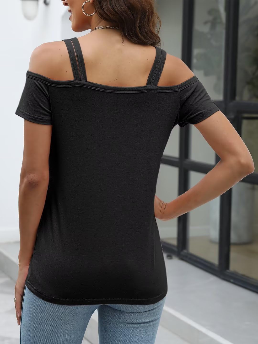 Womens Cold Shoulder Tops for Women Summer Sexy Cut Out Tops Short Sleeve Criss Cross Casual Shirts - Image 5