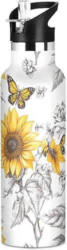 Miniatura 25 de Botellas de agua reutilizables con tapa de boquilla a prueba de fugas, diseño de girasol neutro de doble pared, aislamiento al vacío, a prueba de