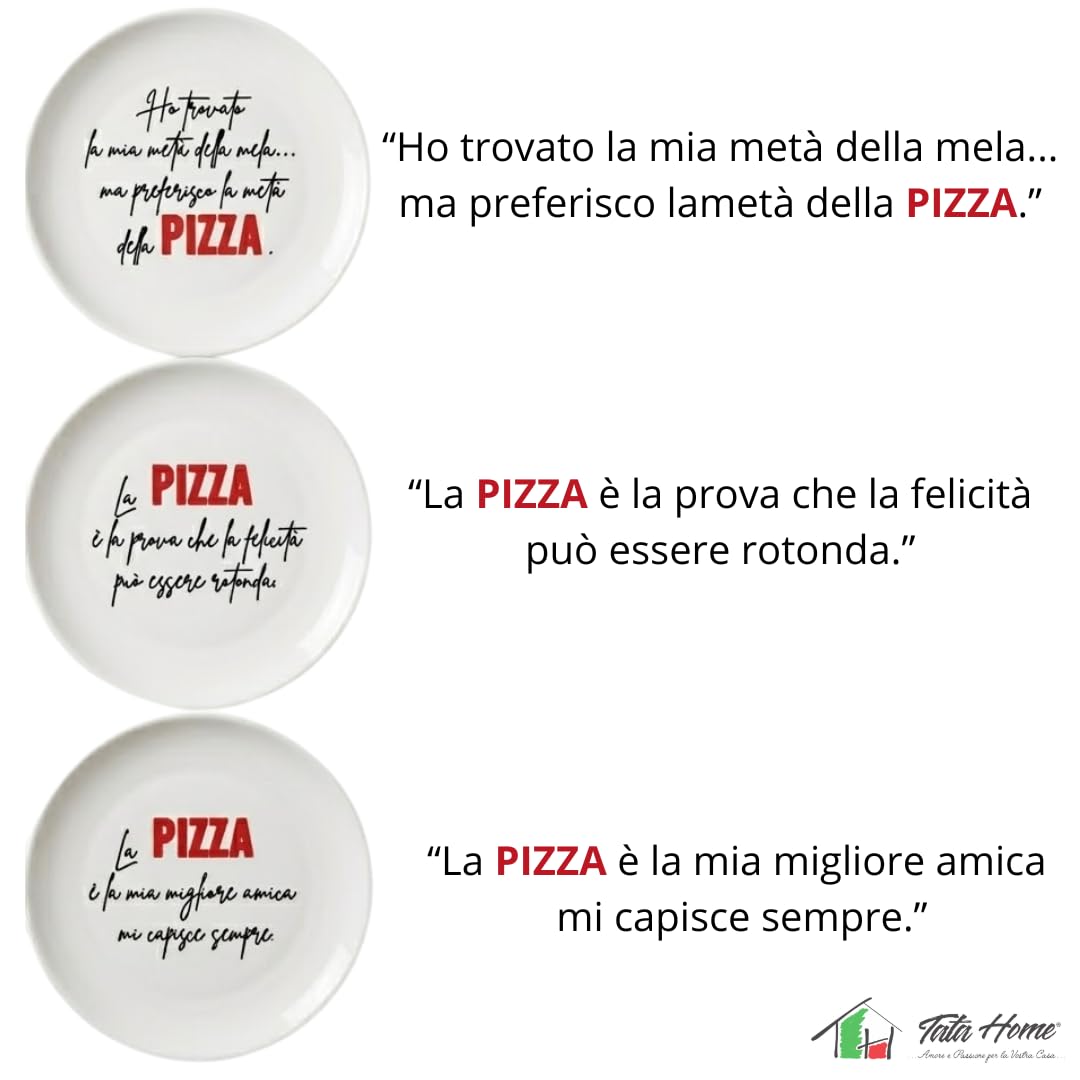 Tata Home Set 6 Piatti per Pizza Grandi con Decorazioni Scritte e Frasi Moderni in Porcellana Mod. Happy Shabby