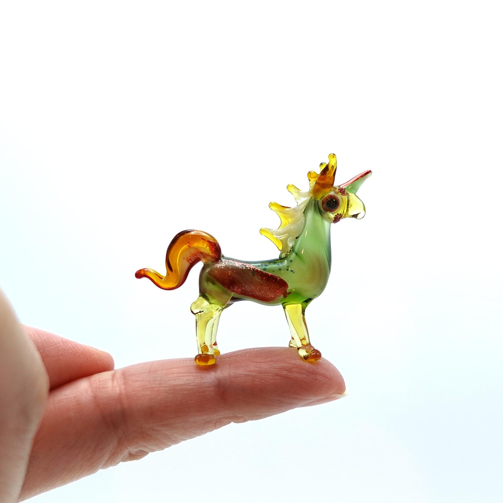Unicorn Tiny Micro Figurines Fancy Animals Hand Blown Glass Art Collectible Gift Home Décor (Green Red)