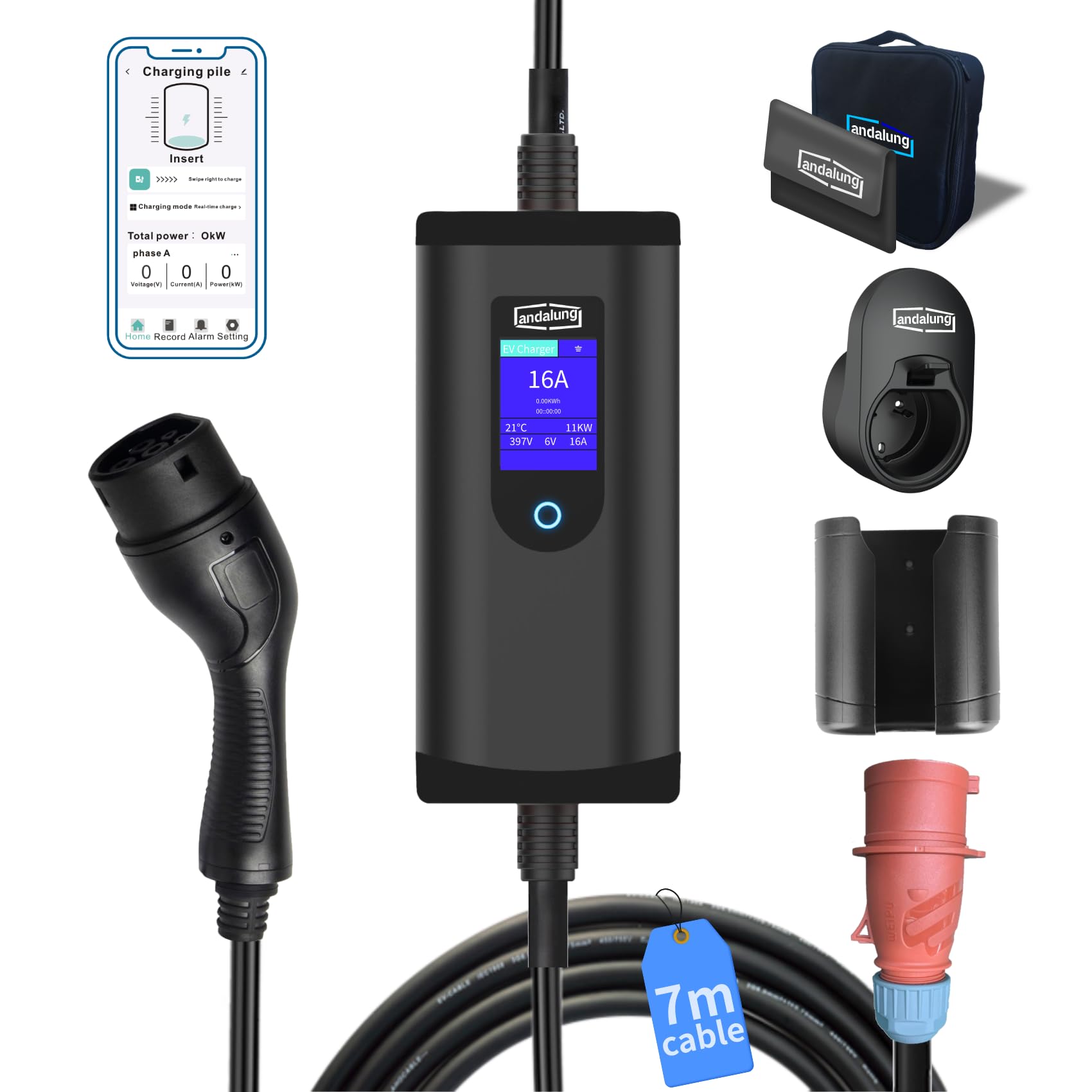 Cargador EV portátil de 11 kW, 3 Fases, 6-16 A, con Corriente Ajustable, Control a través de la App Mediante Wi-Fi, Cable de 7 m, protección IP65, Compatible con Todos los vehículos PHEV/EV