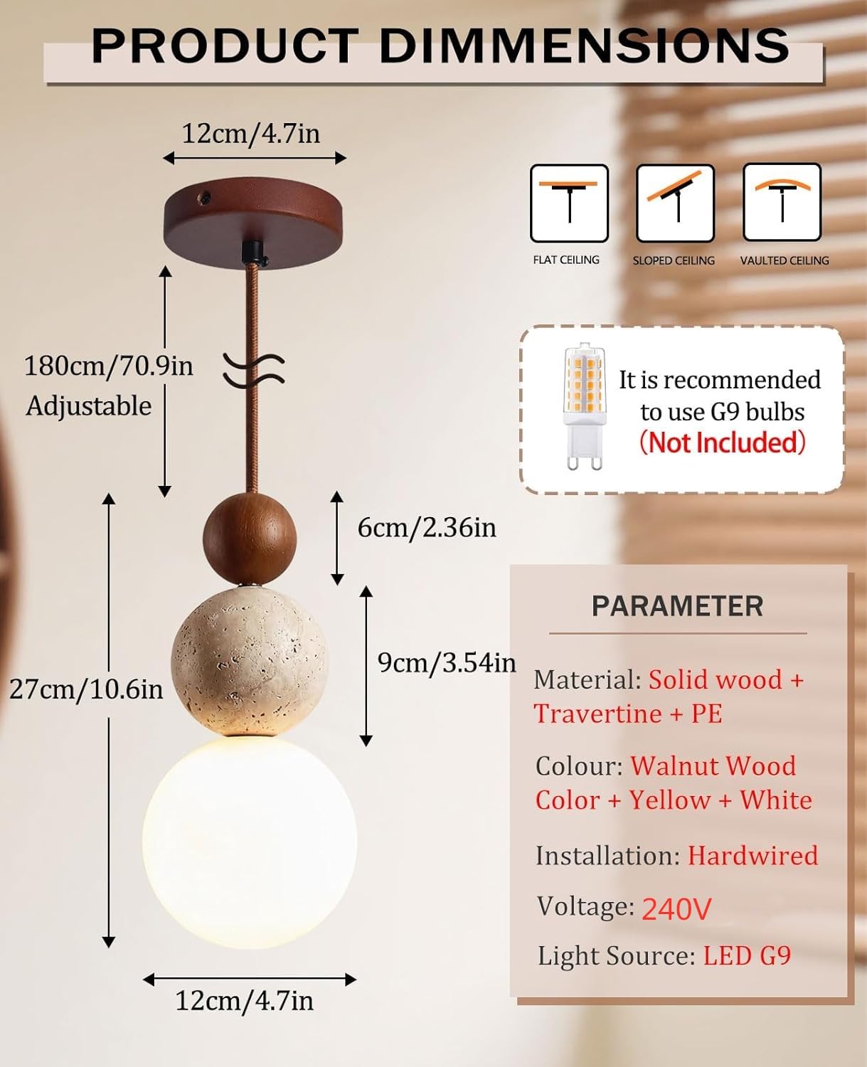 Wabi-Sabi-Pendelleuchte,Hängelampe Aus Gelbem Travertin Mit Lampenschirm Aus Naturstein,Hängeleuchte Im Nordischen Holzstil Für Schlafzimmer-Nachttischlampe Esstisch Kücheninsel Flur(T/12*27CM)