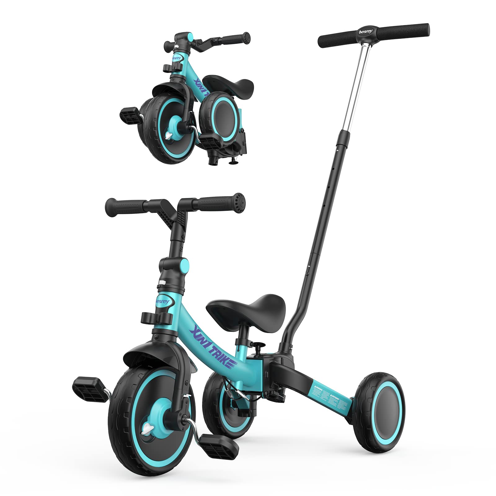 besrey 5 in 1 Toddler Bike for 10 Month to 4 Years Old Kids, Toddler Tricycle Kids Trikes Tricycle, Gift & Toys for Boy & Girl, Balance Training, Removable Pedals (Mint With Push Bar)