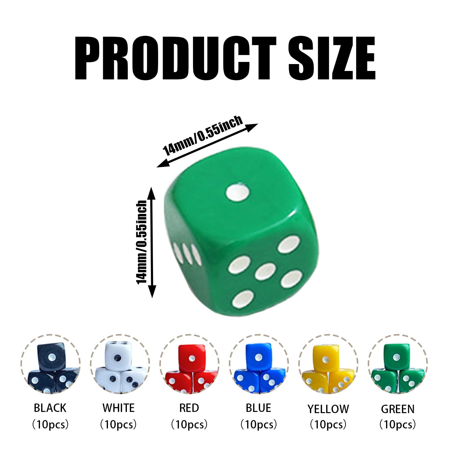 SYEYCW 60 Pcs Dice Set, 14mm Six-Sided Dice, Rounded Edges for Smoother Rolling, for Family Games, Board Games, Poker, Classroom Teaching, Educational Toys, Black, White, Red, Green, Blue, Yellow - Image 2