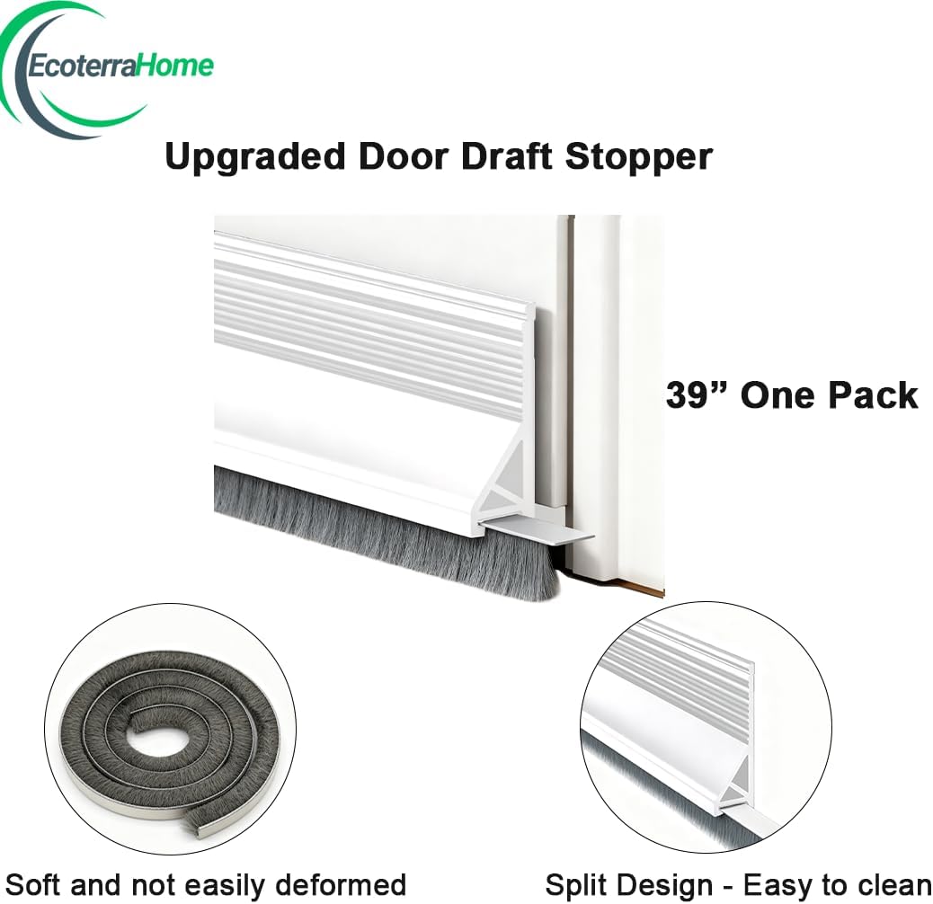 39" Door Sweep for Exterior Door(Cut to Size), Under Door Draft Stopper with Brush, Door Threshold Seal, Door Seal Strip Bottom, Weather Stripping Door Seal, Draft Blocker Door Accessories, White