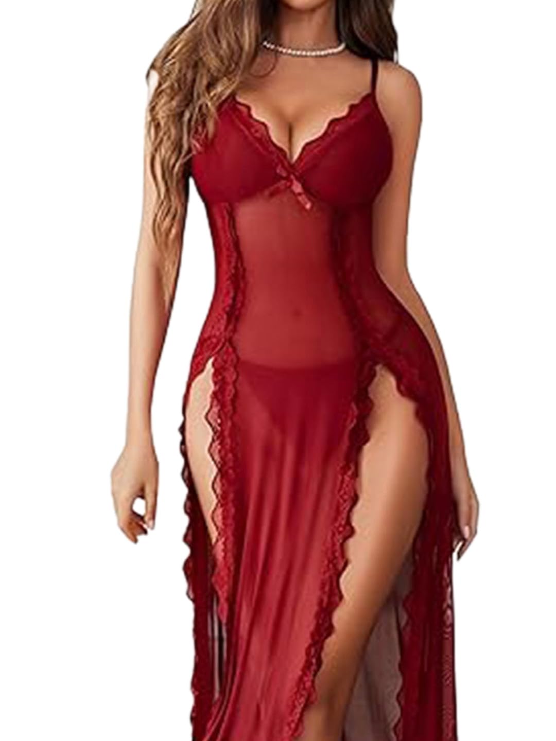 Sheer Net Baby Doll Dress for Women Night Wear | Long Baby Doll Night Dress for Women (Maroon Color- 75)-image-36