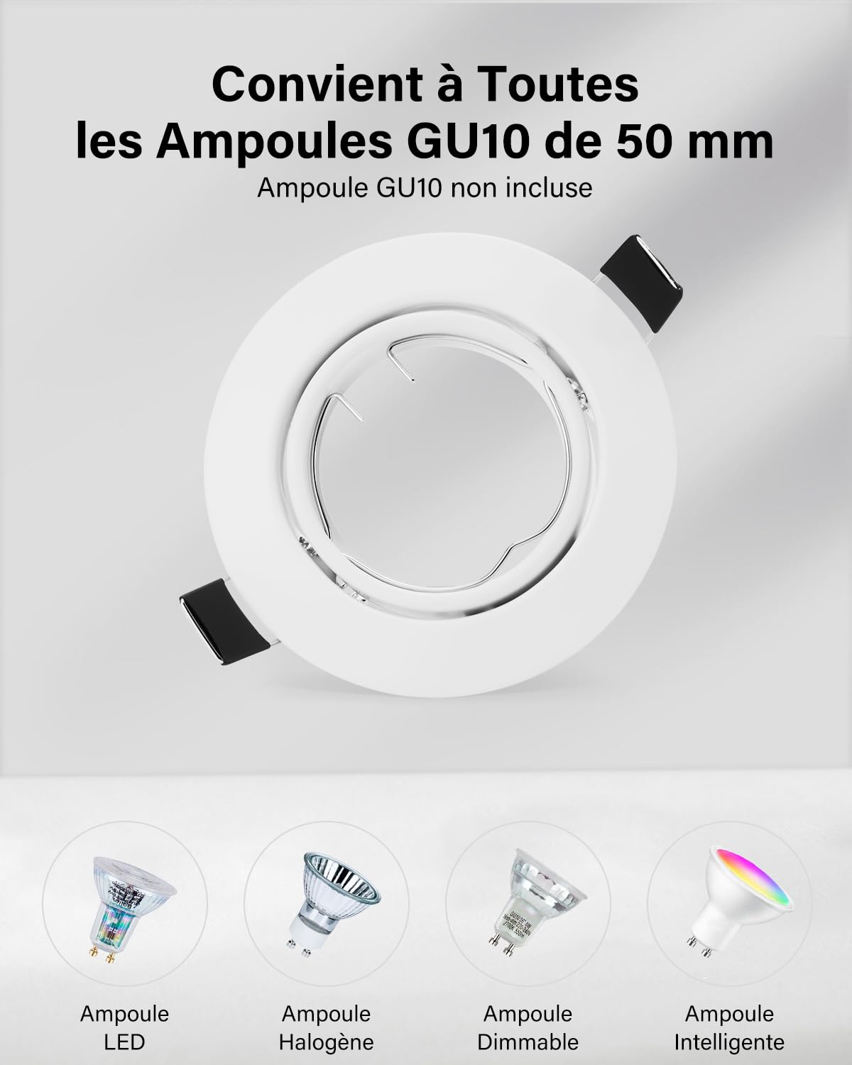 Leselux Spot Encastrable GU10 Set 10 Pièces Cadre Blanc Orientable 60° Trou Montage Ø68-80mm 230V