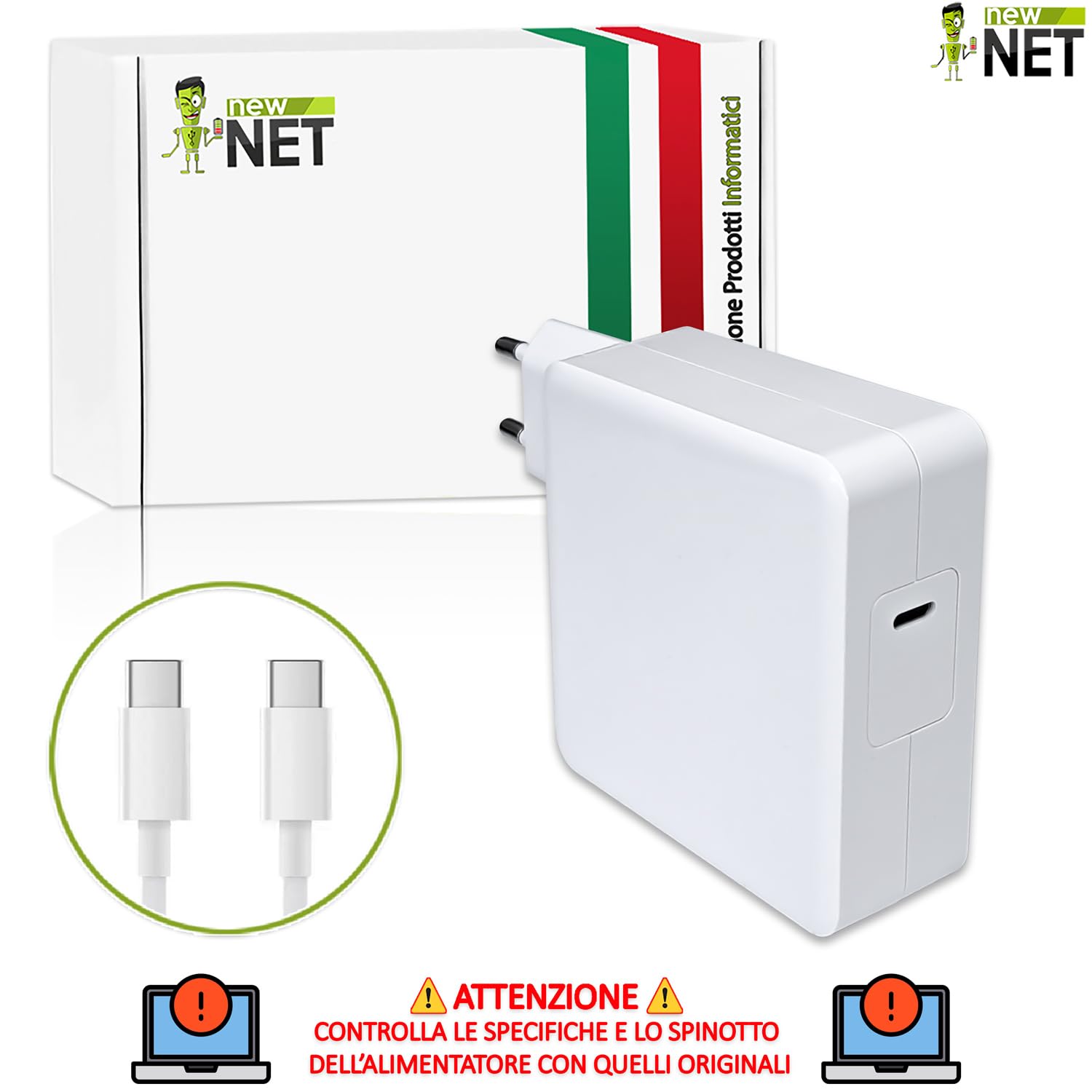 New Net - Alimentatore USB-C 87W compatibile con iPad, per smartphone, tablet, auricolari, wearables, design slim portatile universale compatto