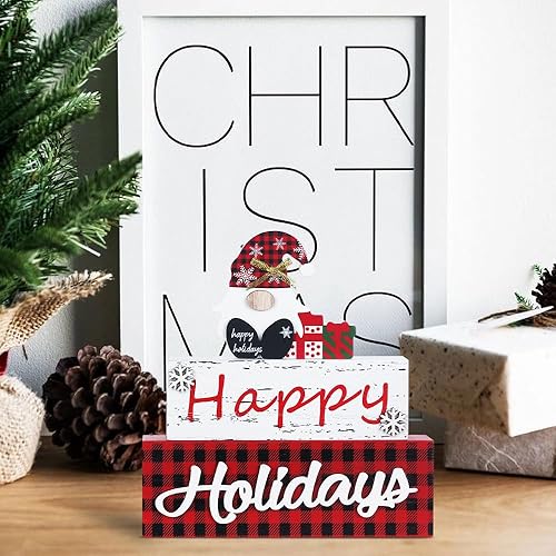 Miniatura 2 de MEETYAMOR Decoración navideña, bloque de madera de gnomo de 3 capas de tamaño grande con letrero de feliz día festivo, decoración de mesa de