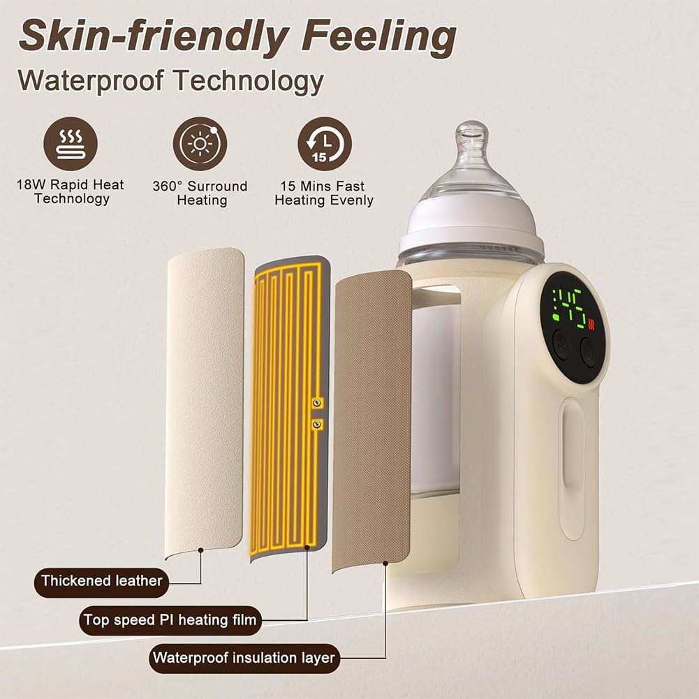 Calentador de biberones inalámbrico portátil de 8000 mAh con diseño de termo al vacío y aislamiento térmico para alimentación de viaje, para biberones estándar y de cuello ancho