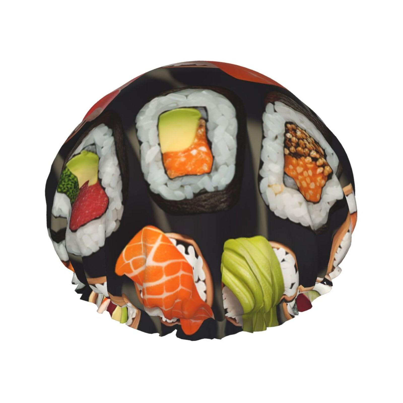 Many Sushi Food Shower Cap for Women Reusable Waterproof Shower Bonnet Washable Elastic Band Bath Hair Hat Double Layered Bath Cap Extra Large for Long Hair