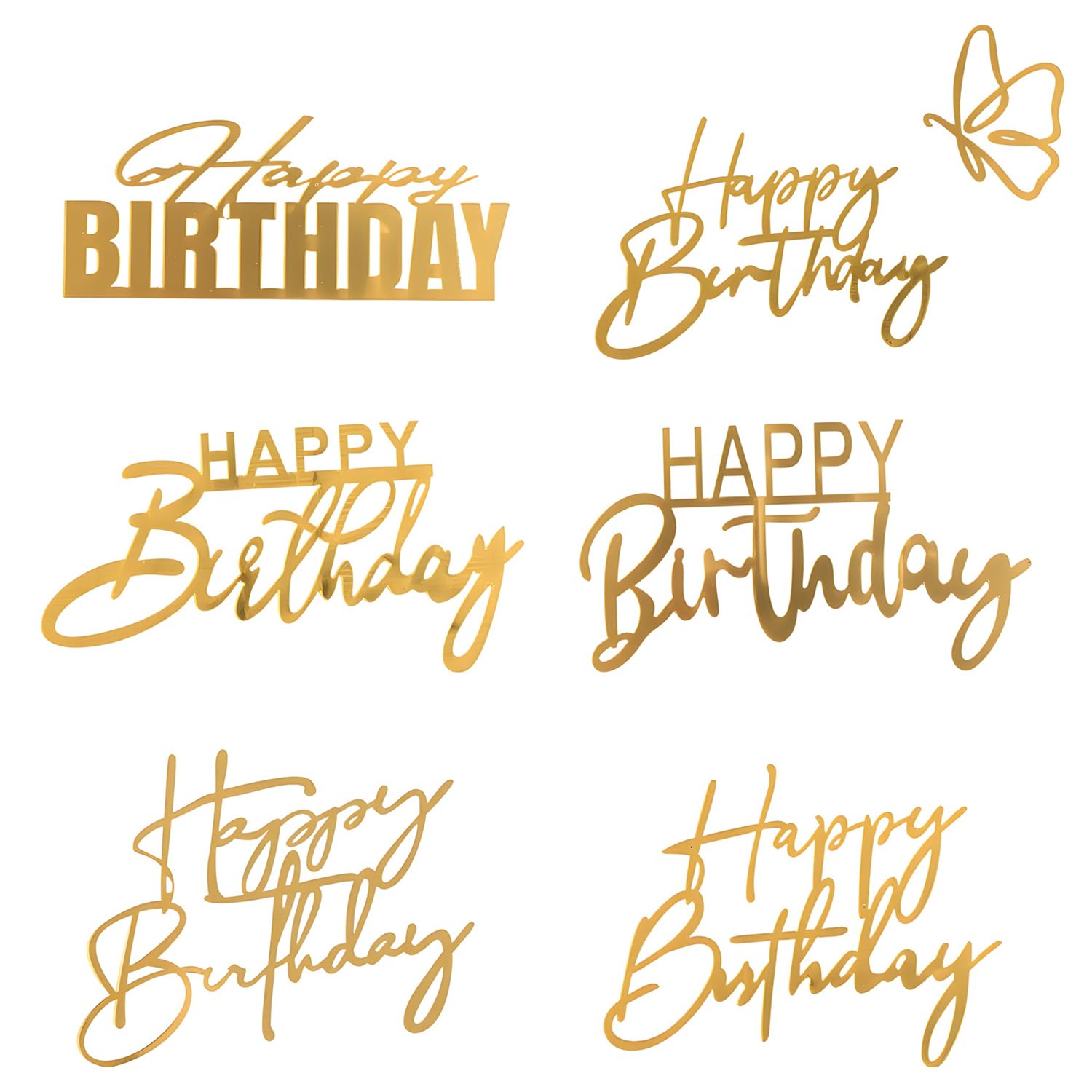 Gaomumu 6PCS Gold Happy Birthday Cake Toppers, Reusable Acrylic Cakes Decorative Signs, Mirror Cake Inserts for Birthday Cakes, Desserts and Party Decoration