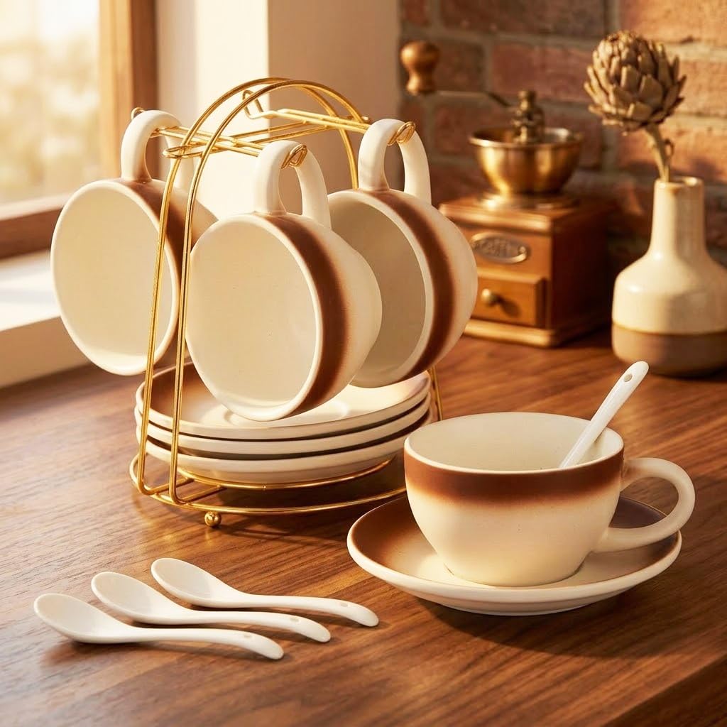 DUJUST Juego de 4 Tazas de Cafe (260ml) para Cappuccino, Latte y Espresso - Tazas de Cerámica con Platillos, Cucharas y Soporte Metálico, Marrón Degradado