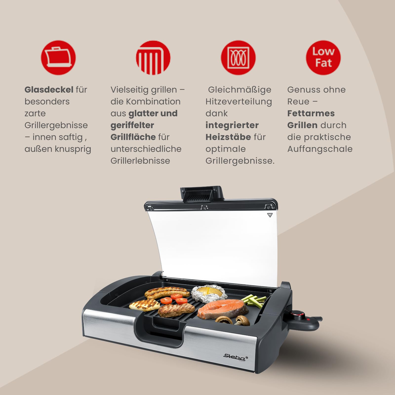 Steba VG 200 BBQ Tischgrill mit Glasdeckel | Grillfläche 29,0 x 40,0 cm, Hot Zone, Alu-Druckguß-Grillplatte mit Grillmuster, Temperaturkontrollleuchte, 2200 Watt