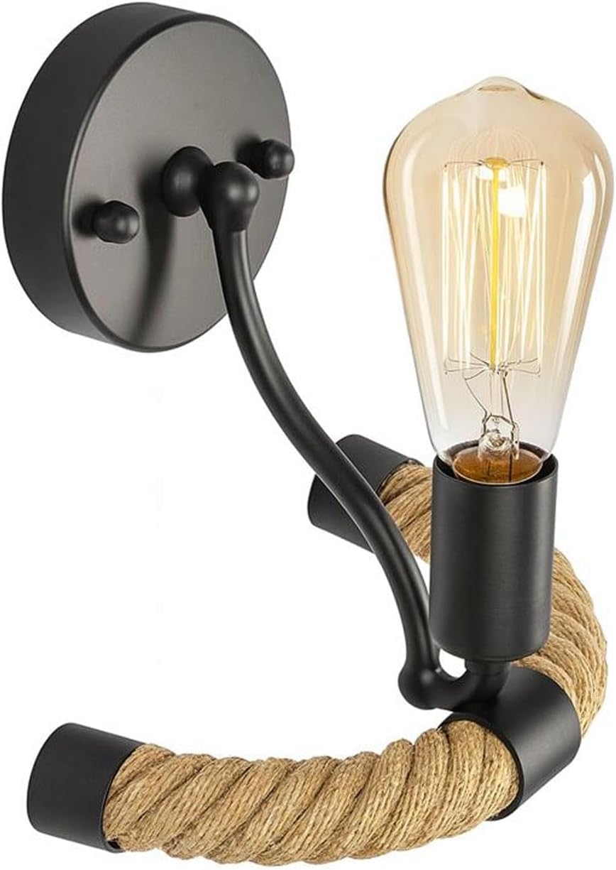 LEDSone Black Wall Lights Hemp Indoor 180° Adjustable Wall Lamps Vintage E27 Wall Sconce Lights Metal & Rope for Bedroom Living Room Kitchen Hallway Restaurant Bar (Bulb Included) — image 1
