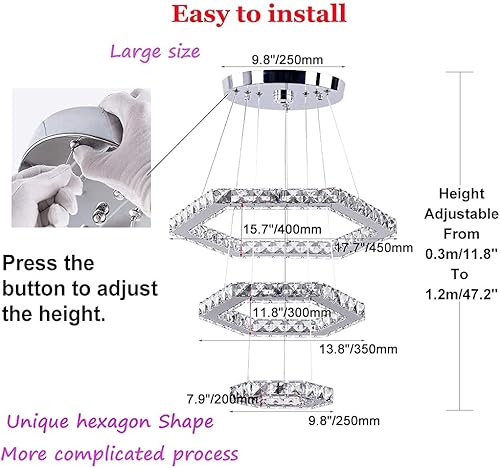 Miniatura 5 de Modern Crystal Chandeliers Big 3 Rings LED Ceiling Light Adjustable Stainless Steel Pendant Light for Bedroom Living Room Dining Room (6500K Cool