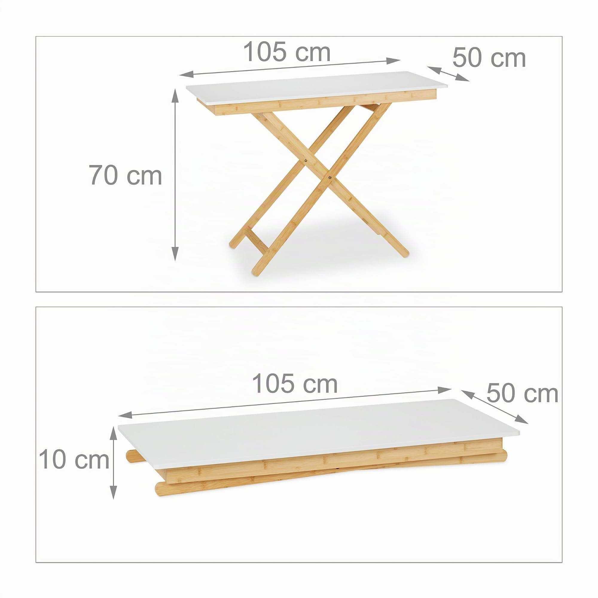 Relaxdays Mesa Plegable Altura Ajustable, Bambú y MDF, Mesita Auxiliar, Salón, Balcón, 70 x 105 x 50 cm, Natural/Blanco