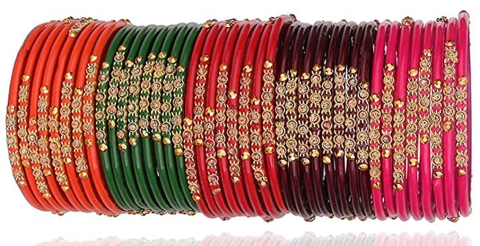 Image of NMII Glass with Zircon Gemstone and Beads Studded Bangle set for Women and Girls