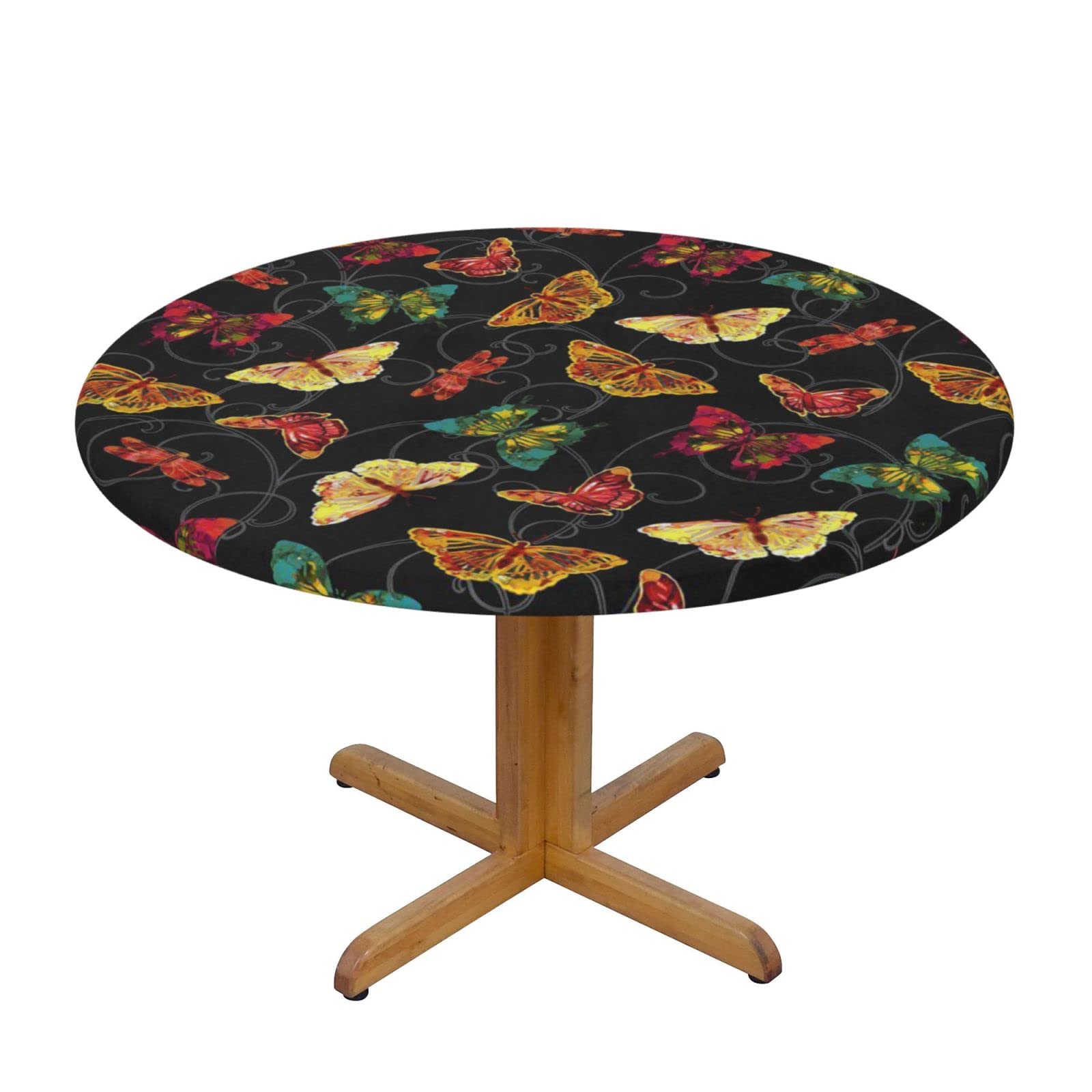 Lsjuee Round Fitted Tablecloth 45-50in Elastic Edged Table Cloth for Kitchen Dining Party Home Decor - Colorful Butterfly Black Floral