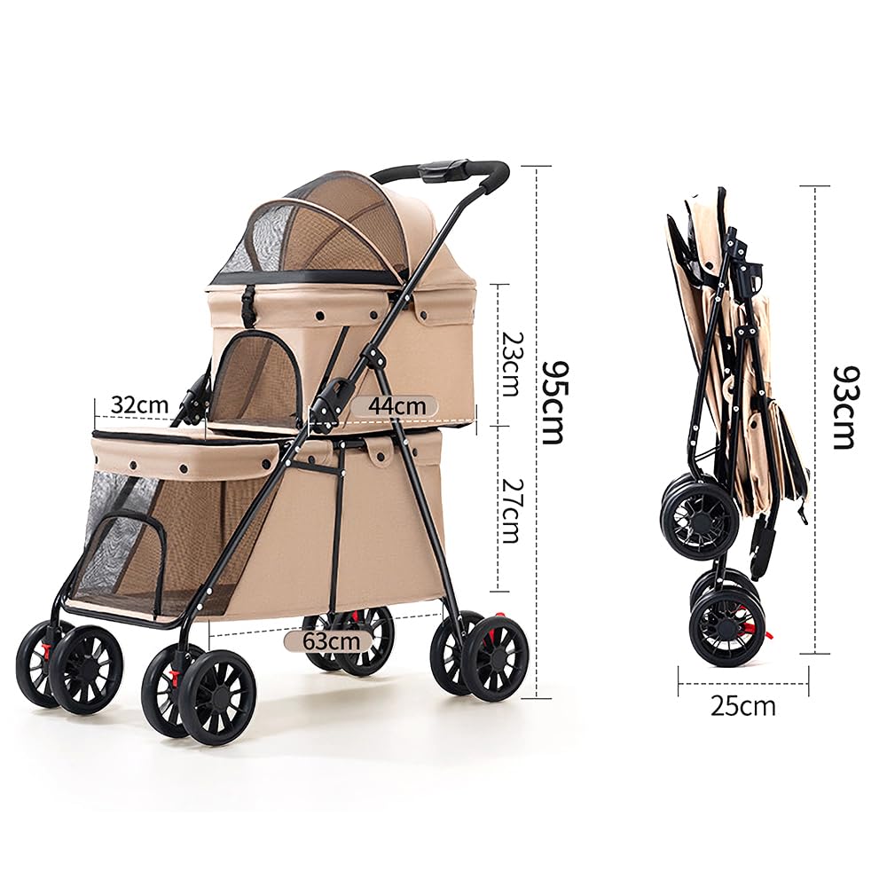 Double Couche Poussette pour Chien Chat Animaux, Animaux Voyage Poussette, Pliable Chien Chat À Quatre Roues Chariot, avec Ventilation et Freins (Marron, 50x67x95 cm/double couche)