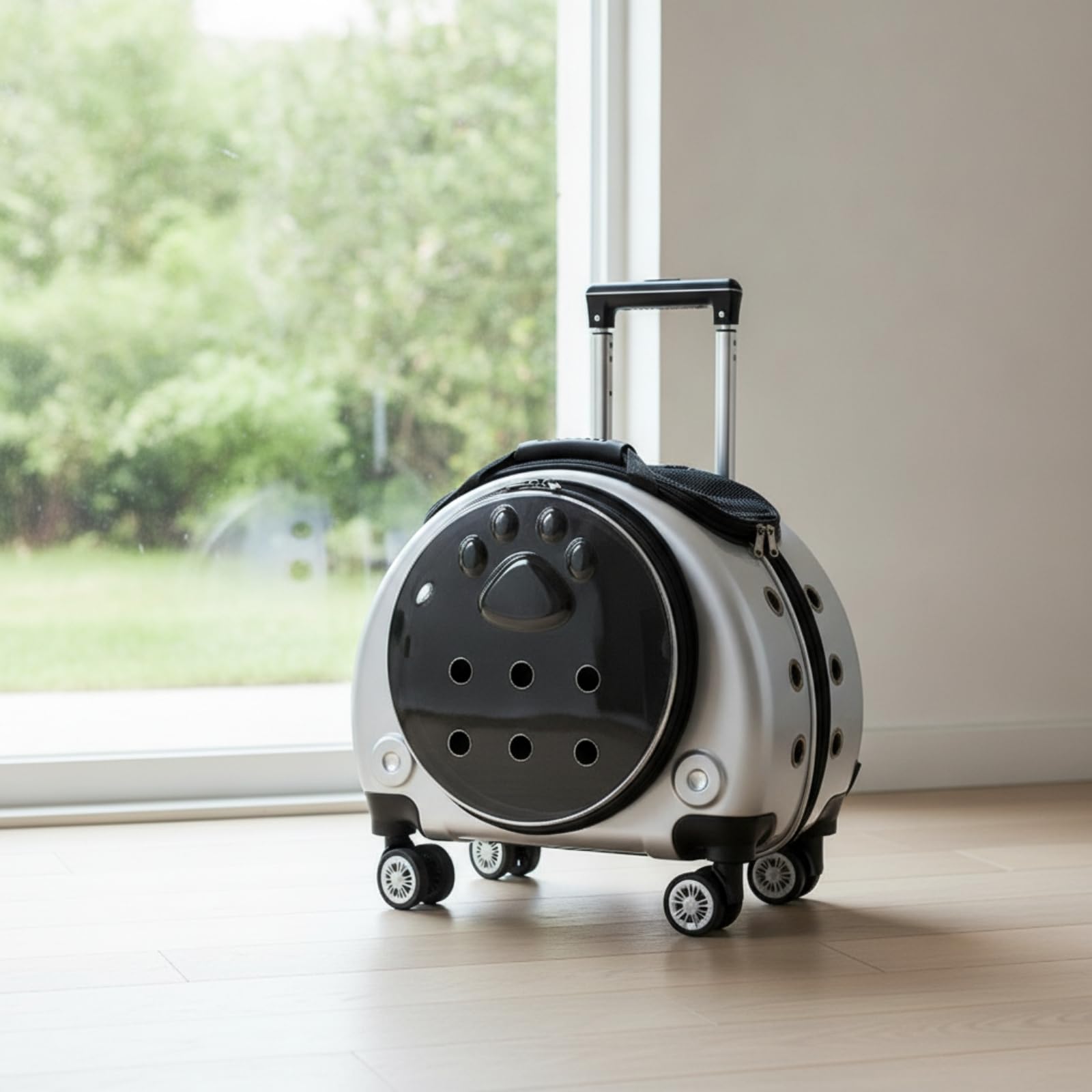 Transportín con Ruedas Transportín con Cápsula Ventilado Mochila Ruedas para Gatos, Viajes, Verinario, Paseos, Plateado