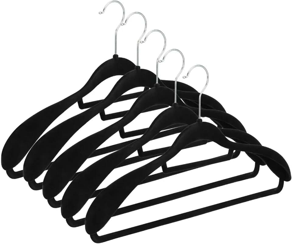 Kit 5 Cabide de Veludo Adulto com Ombreira Fixa para Camisa Terno Blazer Vestido Saia (Preto)