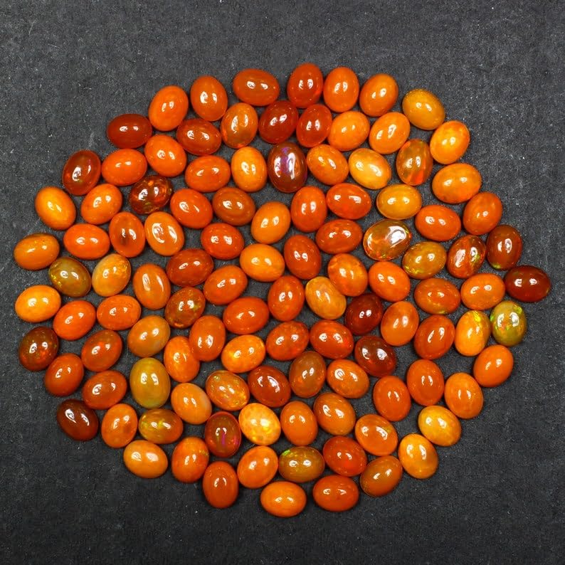 Lot de 5 cabochons d'opale éthiopienne orange de qualité AAA, 5 cabochons ovales d'opale éthiopienne naturelle pour la fabrication de bijoux - 8 x 10 mm, 8x10 mm, Gemme