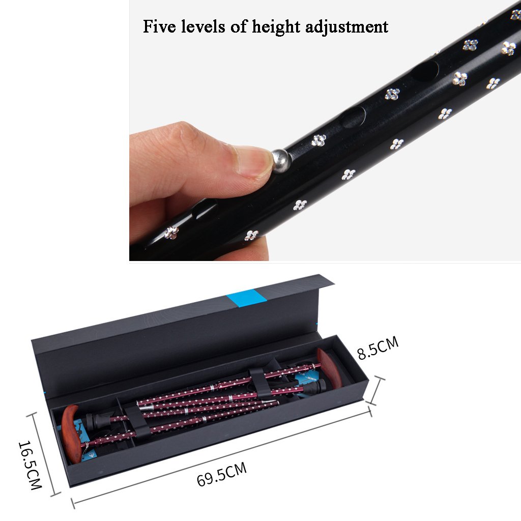 Bastón de andar Movilidad plegable Bastón de madera Manija ergonómica 5 niveles de altura ajustable para con artritis Personas mayores con discapacidades y ancianos con base Máx.150kg ( color : Red )
