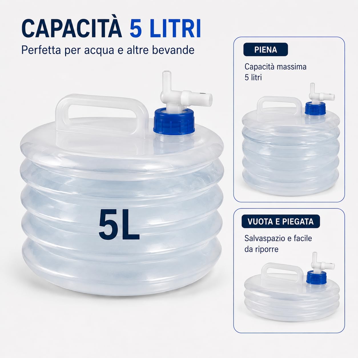 Tanica Pieghevole per Acqua da 5 Litri in LDPE, con Rubinetto, Compatta e Salvaspazio per Campeggio