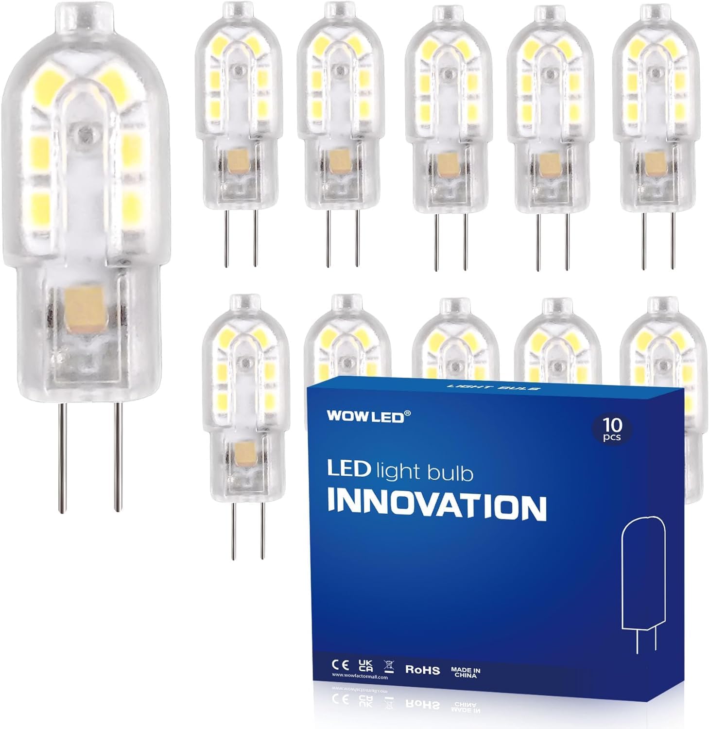 Wowled Warm White 10 X G4 Led Light Bulb, 2W (20W Equivalent), Non-Dimmable, 180 Lumen, 3000 Kelvin, Dc/Ac 12V, 360 Degree, With Transparent Pvc Cover - Packaging May Vary