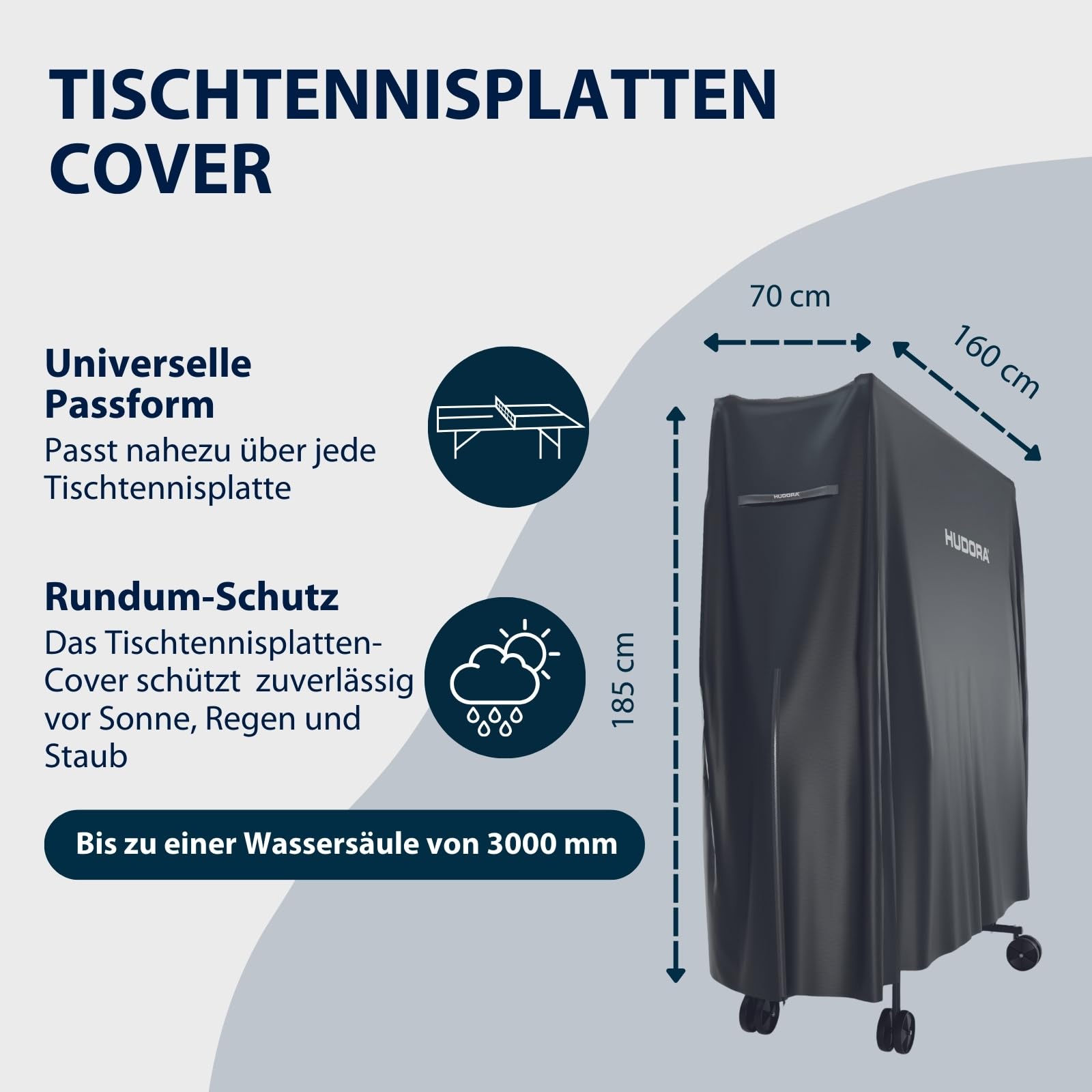 HUDORA Tischtennisplatten Abdeckung in 187x72x156 cm - PU-beschichtete Tischtennis Hülle - Schutz vor Sonne / Staub & Regen - Abdeckhülle mit Reißverschluss - Schutzhülle für Tischtennisplatte