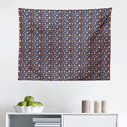 Ambesonne Autumn Tapestry, Theme Doodle Animals Heart Shapes and Vegetation of Forest Habitat, Fabric Wall Hanging Decor for Bedroom Living Room Dorm, 28" X 23", Multicolor