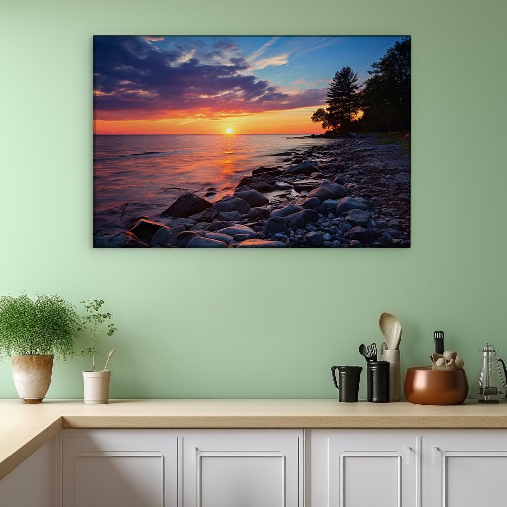 Canvas for Living room. Sunset Serenity on the Lakeshore Rocks, 27 x 18 inch Canvas Wall Art - Contemporary Masterpieces - Modern Home Decor