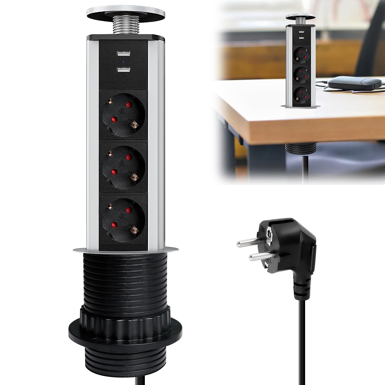 Regleta de mesa retráctil con 2 puertos USB, 3 enchufes retráctiles, 60 mm, con cable de 2 m, regleta empotrable, para encimera, oficina, cocina