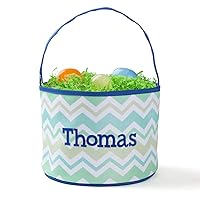 Vista 1 de Bolsa de cubo personalizada Chevron con nombre personalizado Bolsa de Pascua a rayas verde y azul con asa Cesta de huevos suave para niños
