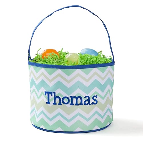 Bolsa de cubo personalizada Chevron con nombre personalizado  Bolsa de Pascua a rayas verde y azul con asa  Cesta de huevos suave para niños  Cesta